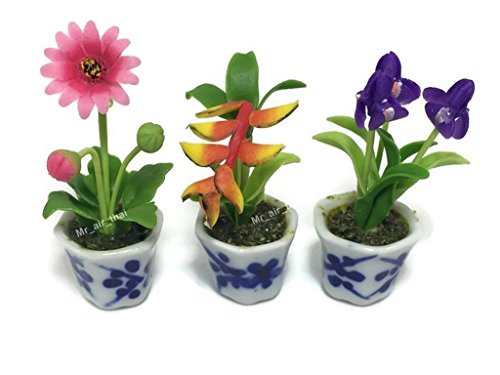 3pc Miniature Flower Clay Dollhouse Fairy Garden Mini Plant Trees Ceramic Paint Furniture Bundles Artificial Flowers Tiny Orchid #088