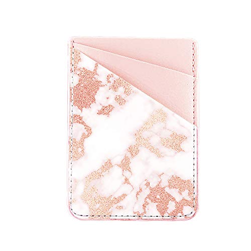 Obbii Rose Gold Marble Pink PU Leather Card Holder for Back of Phone with 3M Adhesive Stick-on Credit Card Wallet Pockets for iPhone and Android Smartphones