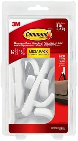 Command Large Utility Hooks, Holds up to 5 lb,14-Hooks &16 Strips,Damage-Free Hanging Wall-Hooks with Adhesive Strips,No Tools Adhesive Hooks for Hanging, Organization&Storage(Pack of 12) Image Command Large Utility Hooks, Holds up to 5 lb,14-Hooks &16 Strips,Damage-Free Hanging Wall-Hooks with Adhesive Strips,No Tools Adhesive Hooks for Hanging, Organization&Storage(Pack of 12) Image