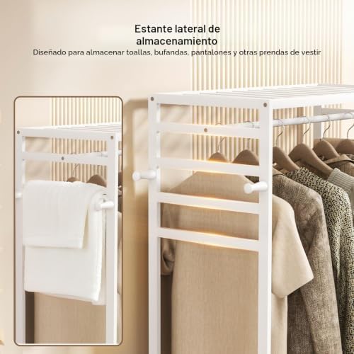 Perchero Ropa Madera con Ruedas, 3 Estantes, 4 Ganchos, Blanco