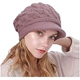 Blufly Winter Hats Cable Knitted Beanie Hat with Visor Beret Ribbed Ski Beanie Cap Slouchy Skull Hat Cap Headwear for Women and Girls (Purple)
