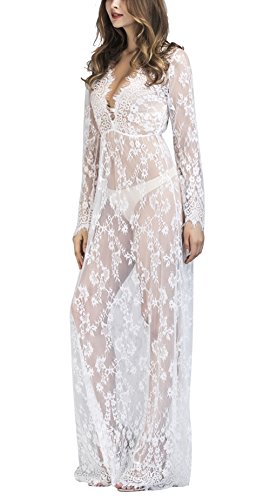 Yomoko Sexy Deep V-Neck Long Sleeve Lace Beach Dress See-through Maxi Dress (Large)