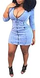 Farktop Women's Sexy Front Zipper Light Blue Jeans Shirt Dress Night Club Denim Dress Plus Size