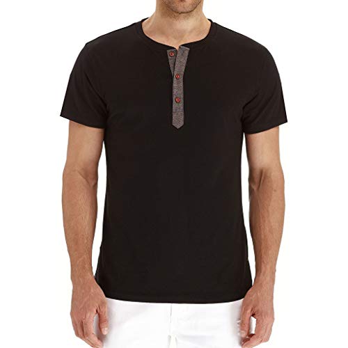 Men's Casual Vintage Short Sleeve Raglan Henley Shirts Baseball T-Shirt (XXL, Black)