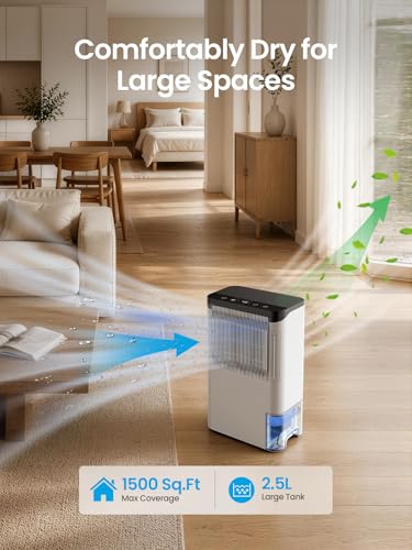 Dehumidifiers for Home 1500 Sq.Ft, 2.5L Tank, 35dB Quiet, New Rotary Technology Dehumidifier with Drain Hose, Works Down to 1°C/34°F, Auto Shutoff, Ideal for Basement Bedroom Bathroom RV Closet