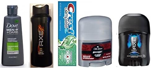 Axe Mens Deodorant + Old Spice Swagger Deodorant + Crest Complete Toothpaste + Axe Dual 2 in 1 Shampooo + Dove Mens 2 in 1 Conditioner Travel Size