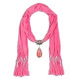 LERDU Gift Idea Indian Pear Shaped Stone Pink Pendant Scarf Necklace Soft Jersey Infinity Scarf Tassel Jewelry for Women