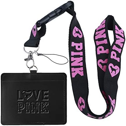 Love Pink Black Faux Leather Business ID Badge Card Holder with (Black with Pink Bold) Keychain Lanyard