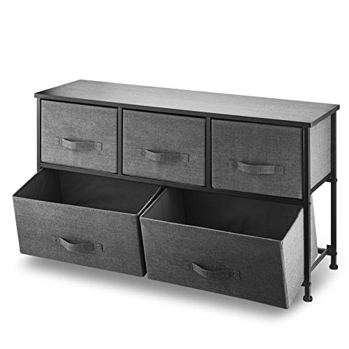 Dresser-Organizer-With-5-Drawers-Fabric-Storage-Chest-for-Bedroom-Hallway-Entryway-Closets-Nurseries-Furniture-Storage-Tower-Sturdy-Steel-Frame-Wood-Top-Easy-Pull-Handle-Textured-Print-Drawers