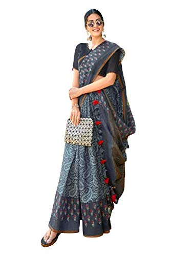 Womens cotton unique prints saree with small gold jerry border with Unstitched designer blouse piece [ Trivini 6]