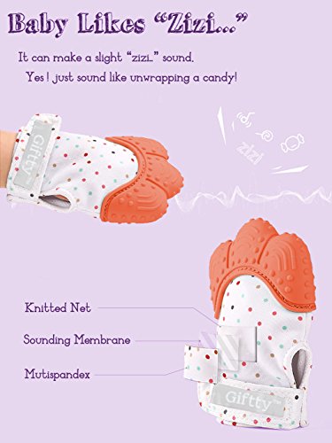 Baby Teething Mittens, Teething Glove for Baby, Smiling Teething Toys Mitten, Self-Soothing Stand on Hand mitt with Handy Travel Bag (Orange)