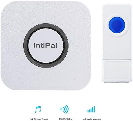Portable Wireless Doorbell Kit - IntiPal Doorbell Set 1000 Ft Operating 52 Chimes Volume Adjustable Plugin No Batteries Required for Receiver IP55 Waterproof Transmitter with Push Button