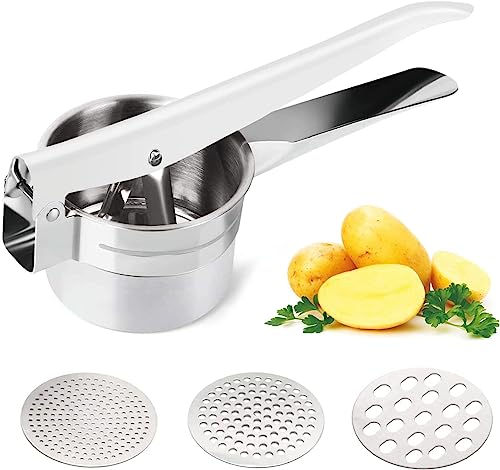 TERRIFI Potato Ricer, Stainless Steel Lemon Squeezer Manual, Garlic Press with 3 Removable and Interchangeable Discs, Masher Ricer Kitchen Tool for Fruit Potato Garlic Vegetable Cheese