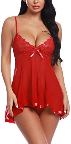 Chomoleza Women's Lingerie Lace Babydoll Strap Chemise Mesh Sleepwear