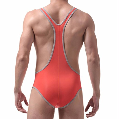 Hometom Men's Jockstrap Leotard Underwear Jumpsuits Wrestling Singlet Bodysuit (Orange, L)