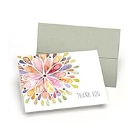 Watercolor Flower Burst Thank You Cards (Set of 10 Premium Blank Note Cards with Sage Green Envelopes Included) - All-Occasion Greeting Card Bulk Set - Proudly Made in the USA By Palmer Street Press