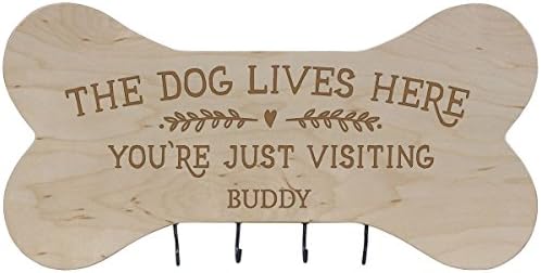 Personalized The Dog Lives Here Wall Mounted Dog Bone Pet Leash Rack,Dog Collar Holder New Home Decor Gift ideas and 4 hooks 16" L x 8" H 2.5." deep by Rooms Organized (Maple)