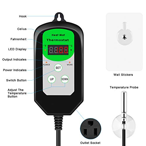 BoHoFarm Heat Mat Thermostat Controller Digital Heating Mat Thermostat for Reptile/Germination/Rooting 68-108℉