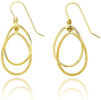14k Yellow Gold Diamond Cut and High Polished Double Tear Drop Earring with Fish Hook for Women and Girls