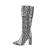 ISNOM Colorful Snakeskin Boots Mid-Calf Boots Thick High Heels Pointed Toe Zipper Slouch Boots Snake