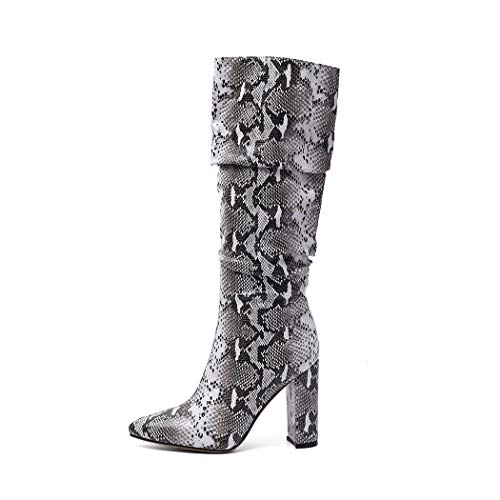 ISNOM Colorful Snakeskin Boots Mid-Calf Boots Thick High Heels Pointed Toe Zipper Slouch Boots Snake