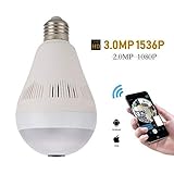 Wireless Hidden Light Bulb Camera, VR 360 Panoramic 1536P WIFI Light Bulb IP Camera Indoor Home Surveillance System with Night Vision and Remote View Motion Detection Support with Android IOS