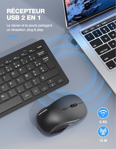 TECKNET France AZERTY 2.4G Silent Wireless Keyboard and Mouse with Nano USB Receiver, 12 Multimedia Shortcuts for Computer, PC, Laptop, Desktop