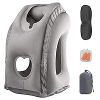 Aukor Inflatable Travel Pillow, Neck Pillow, Portable Air Head Rest Pillow for Airplanes Cars Buses Trains Office School Napping with Free Eye Mask and Earplugs, Grey