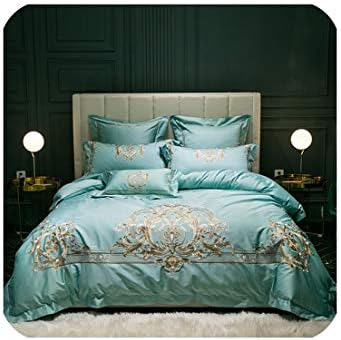 dudifeng 4/6/7pcs Red Gold Royal Embroidery 100S Egyptian Cotton Wedding Bedding Set Duvet Cover Bed sheet Bed Linen Pillowcases,1,Queen Size 4pcs