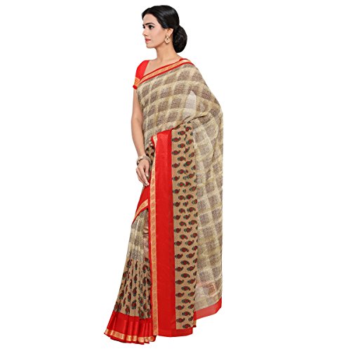 Triveni Indian Women's Beige Faux Georgette Printed Saree - Image 4