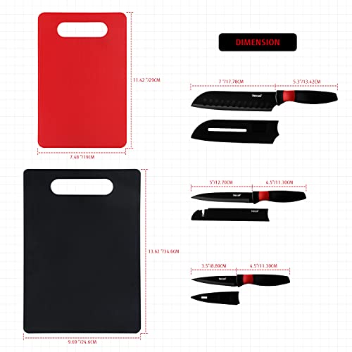 hecef 3 Pieces Kitchen Knife Set with 2 Cutting Boards & 3 Protective Sheaths, Non-Stick Black Knife Set with Sharpener Cover, Cutting Boards and Chef Knives for Kitchen, Dorm, Travel