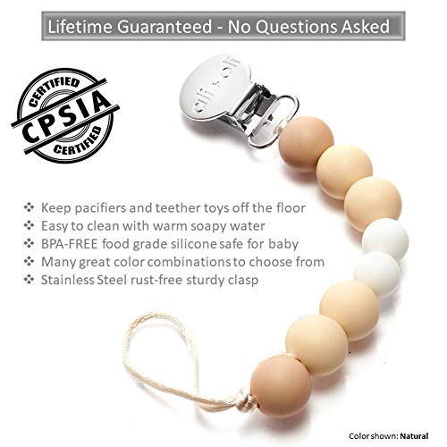 Modern Pacifier Clip for Baby - 100% BPA Free Silicone Beads (Natural) Binky Holder for Newborn - Infant Baby Shower Gift - Universal fit MAM - Philips Avent - Thumbnail 3