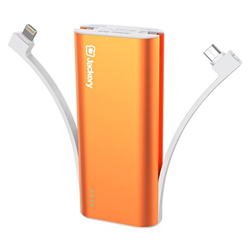 [Apple MFi Certified] Jackery Bolt 6,000mAh Built-in Lightning Charging Cable & micro USB Cable portable Battery Phone Charger compact Power Bank Travel Charger for iPhone 8/8 Plus/X, Phones (Orange)