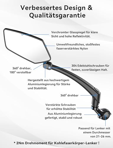 Bicycle Mirror for E-Bike Left, 360° Foldable & Rotatable Bicycle Rear View Mirror, Bicycle Mirror Left for Ebikes with Large Mirror Surface, Long Arm and Impact-resistant Real Glass, E Scooter