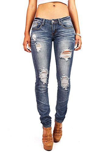 Machine Women's Juniors Low Rise Distressed Skinny Jeans (9, Faded Denim)