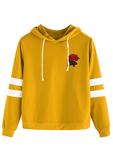 DIDK Women's Embroidered Rose Patch Stripe Sleeve Hoodie Sweatshirt Yellow S