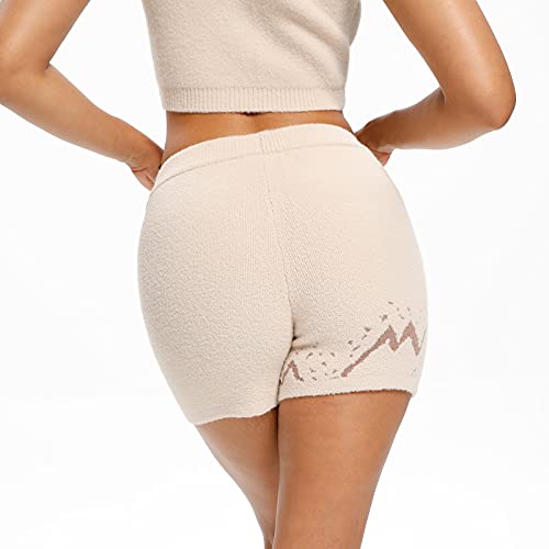 Snuggle Sac Women\'s Comfy Drawstring Casual Shorts Summer Elastic Waist Knit Lounge Shorts Relaxed Fit Shorts, Beige/Large