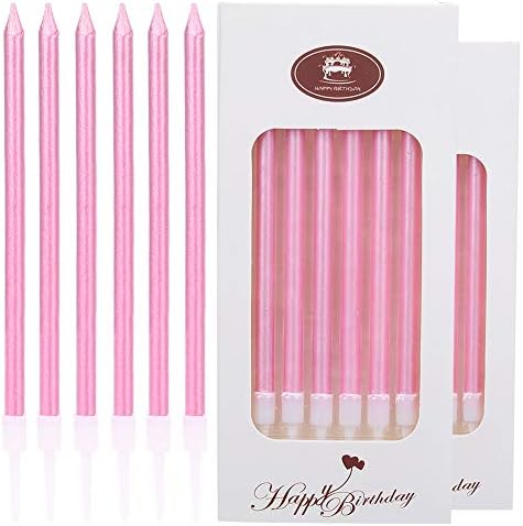 30 Pieces Metallic Birthday Cake Candles in Holders Long Thin Birthday Candles Cupcake Candles Wedding Party Cake Decorations (Light Pink)