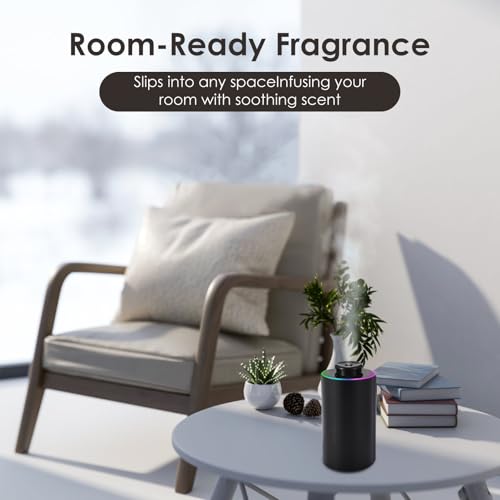 Waterless Essential Oil Diffuser, 7 Colors LED Light, Battery Powered Mini Scent Air Machine, Aromatherapy Mist Diffuser for Home Room Car Office，Black Aluminum Alloy (Black)