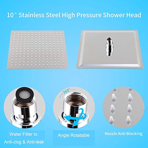 High Pressure Shower Heads Combo, 10\'\' Stainless Steel Anti Clog Shower Head and 10-Modes Chrome Finish Handheld Spray with Adhesive Holder & 60\'\' Hose, Adjustable Extension Arm & 3-Way Water Diverter