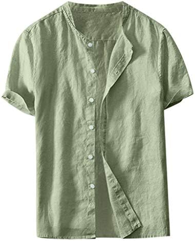 TUDUZ Men Shirts Summer Vintage Solid Grandad Collar Short Sleeve T Shirts Buttons Henley Neck Cotton and Linen Casual Tops Blouse