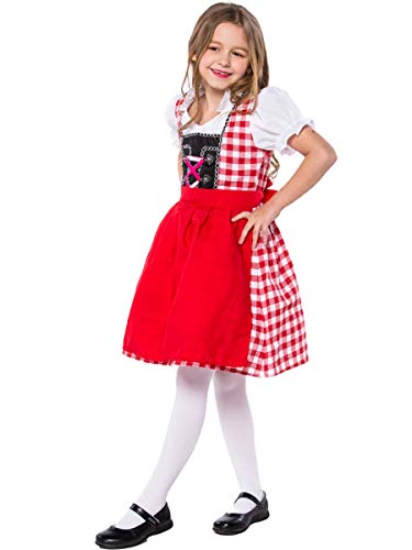 MYRISAM Girls Bavarian Oktoberfest Costumes Dirndl Dress with Apron Beer Maid Fancy Dress Carnival Halloween Costume Red 8-9T - Thumbnail 5