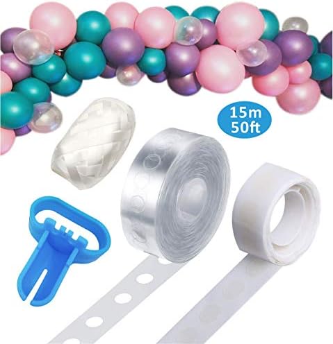 HUIBO Balloon Decorating Strip Tape 15M 50Ft For Garland Arch Streamer,1pcs Balloon Tie Tool,100 Dot Glue,32Ft Ribbon (15M PACK)