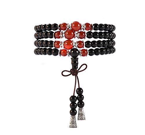 anzhongli Prayer Bead Bracelets for Men Women Crystal Lucky Gemstone Beads Obsidian Necklace 108 6mm
