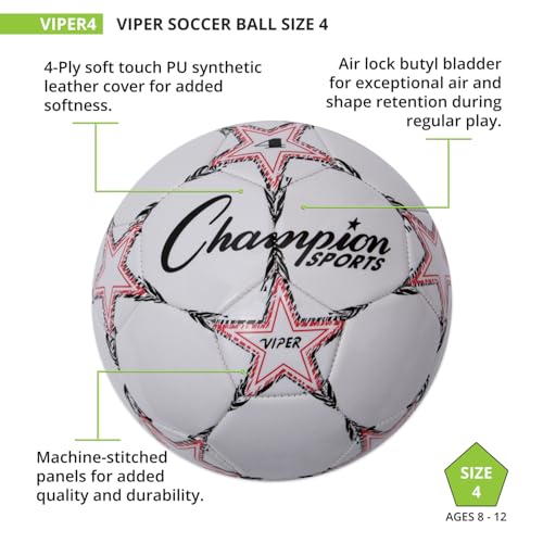 Champion Sports Viper Soccer Ball – Sizes 3, 4, 5 – Soft Touch TPU Cover, Durable Butyl Bladder, Youth & Adult Training Ball for Indoor & Outdoor Play, Multi-Color Design