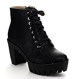 STYLUXE AIKISON Women's Fashion Chunky Heel Platform Lace Up Ankle Booties, Color:BLACK, Size:7
