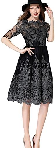 Women's Lace Mesh Floral Embroidery Petal-neck A-line Tunic Dress Black S