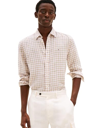 Tommy Hilfiger Men’s Linen Gingham Regular Long Sleeve Shirts, Sandalwood/Check Large