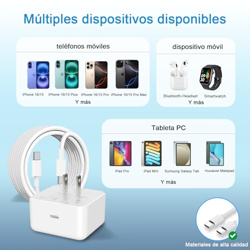LDHUZOM Cargador rápido USB-C PD de 40 W para iPhone 17/16/15/14, con Cable de 1.8 m, Compatible con iPad Pro/Air, Switch y Samsung Galaxy S25/S24/S23