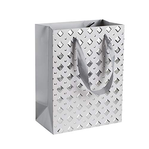 Diamond Design Foil Stamped Gift Bags Set (12 Pack)- 9"x 7"x 4" Unique Design with Durable Ribbon Handles, Beautiful Present Bags Best for Birthday, Wedding and. (Silver)